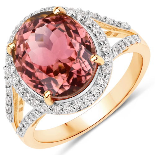 Rings-6.51 Carat Genuine Pink Tourmaline and White Diamond 14K Yellow Gold Ring