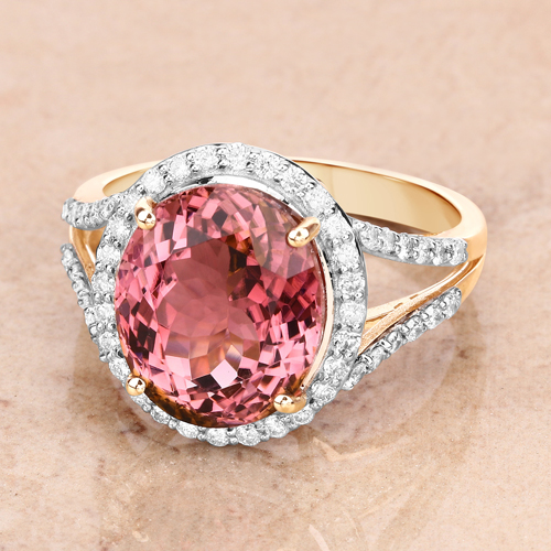 6.51 Carat Genuine Pink Tourmaline and White Diamond 14K Yellow Gold Ring