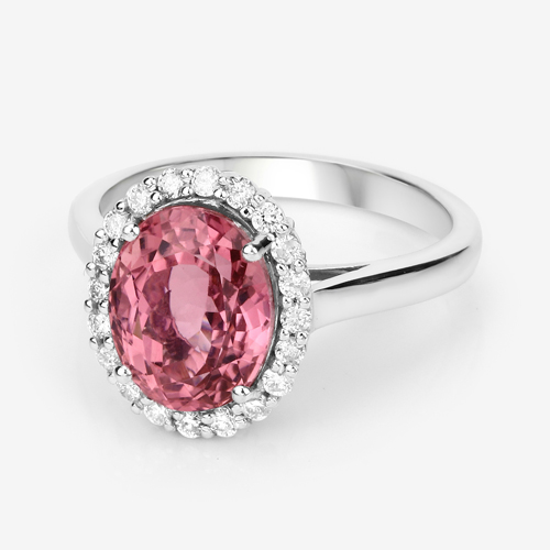 6.71 Carat Genuine Pink Tourmaline and White Diamond 14K White Gold Ring