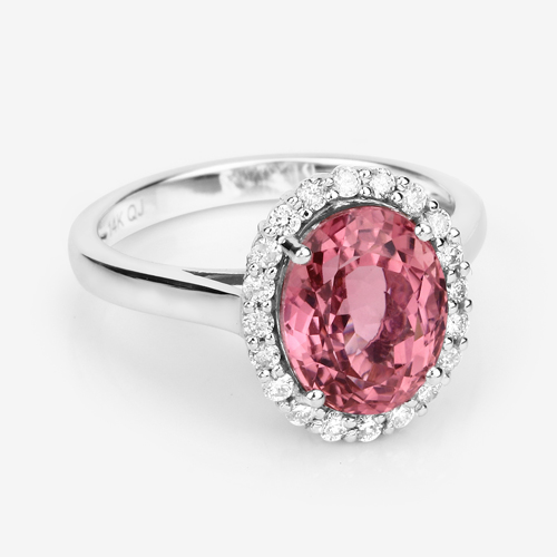 6.71 Carat Genuine Pink Tourmaline and White Diamond 14K White Gold Ring