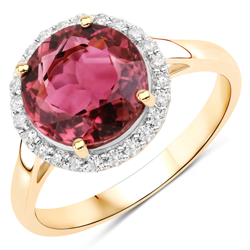 Rings-2.96 Carat Genuine Pink Tourmaline and White Diamond 14K Yellow Gold Ring