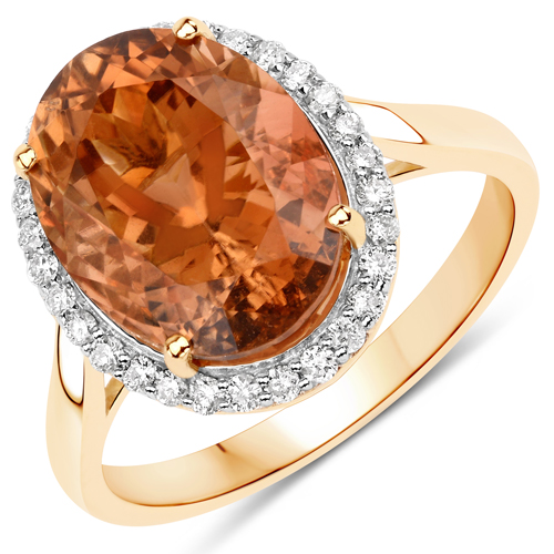 Rings-6.10 Carat Genuine Rare Orange Tourmaline and White Diamond 14K Yellow Gold Ring