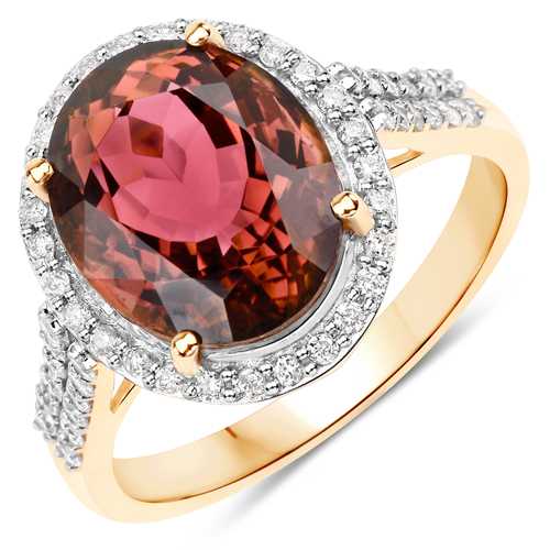 Rings-5.62 Carat Genuine Royal Pink Tourmaline and White Diamond 14K Yellow Gold Ring