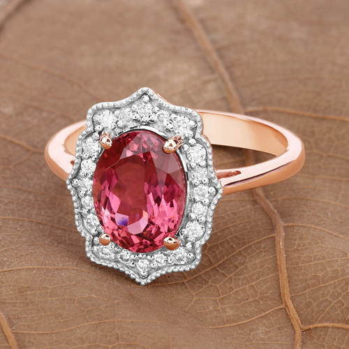 2.66 Carat Genuine Royal Pink Tourmaline and White Diamond 14K Rose Gold Ring