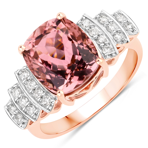 Rings-4.80 Carat Genuine Pink Tourmaline and White Diamond 14K Rose Gold Ring