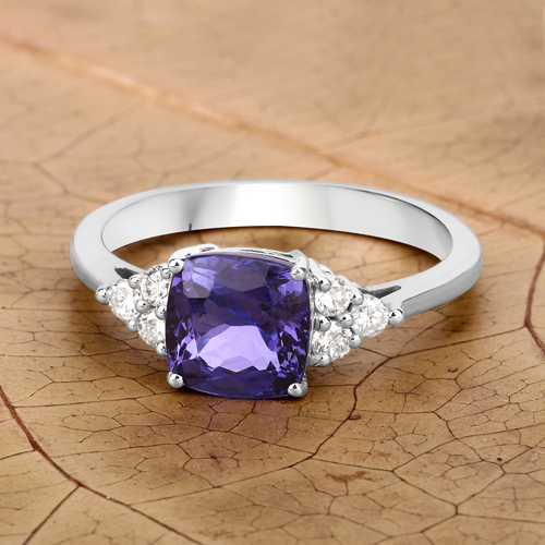 2.19 Carat Genuine Tanzanite and White Diamond 14K White Gold Ring