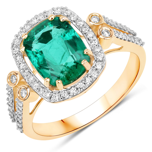Emerald-2.74 Carat Genuine Zambian Emerald and White Diamond 14K Yellow Gold Ring