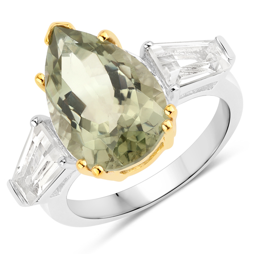 Amethyst-7.15 Carat Genuine Green Amethyst and White Topaz .925 Sterling Silver Ring