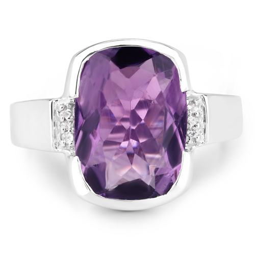 6.53 Carat Genuine Amethyst and White Diamond .925 Sterling Silver Ring