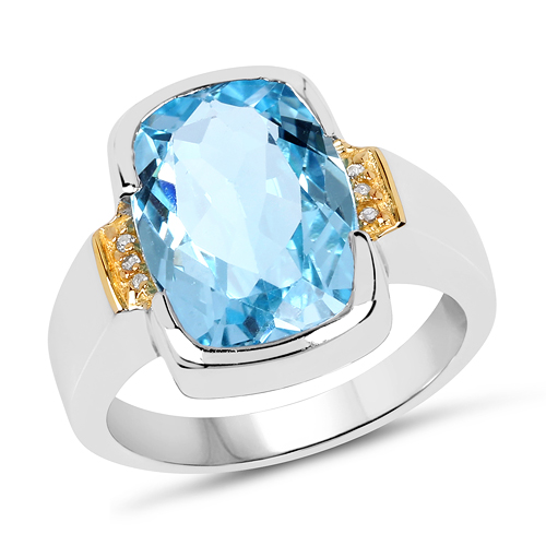 Rings-Two Tone Plated 6.93 Carat Genuine Blue Topaz & White Topaz .925 Sterling Silver Ring