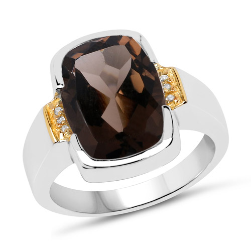 Rings-Two Tone Plated 5.51 Carat Genuine Smoky Quartz and White Topaz .925 Sterling Silver Ring