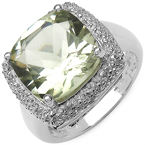 Amethyst-5.53 Carat Genuine Green Amethyst and White Diamond .925 Sterling Silver Ring