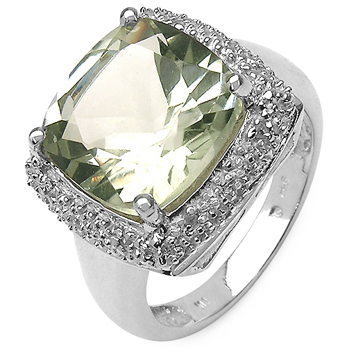 5.53 Carat Genuine Green Amethyst and White Diamond .925 Sterling Silver Ring