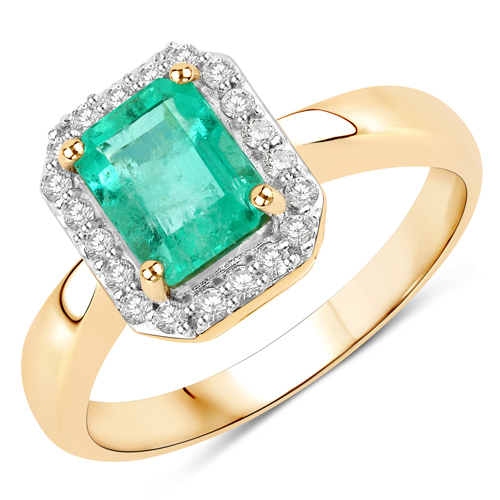Emerald-1.48 Carat Genuine Colombian Emerald and White Diamond 14K Yellow Gold Ring