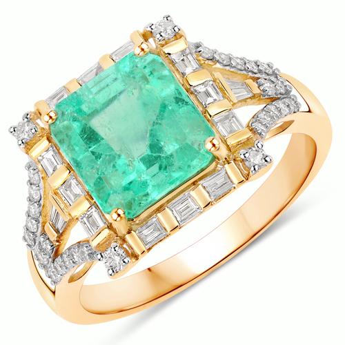 Emerald-3.57 Carat Genuine Columbian Emerald and White Diamond 14K Yellow Gold Ring