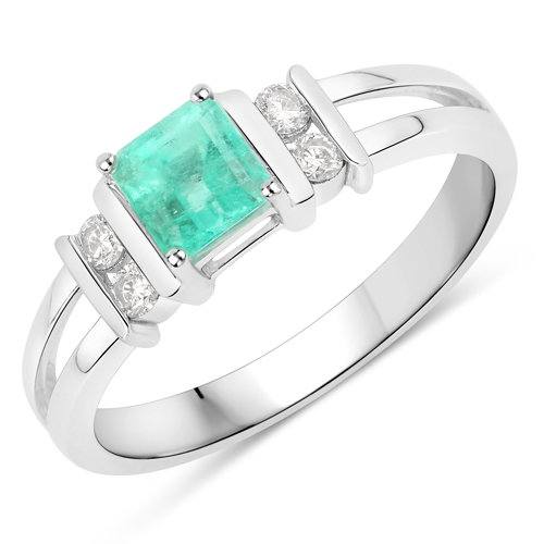 Emerald-0.72 Carat Genuine Colombian Emerald and White Diamond 14K White Gold Ring