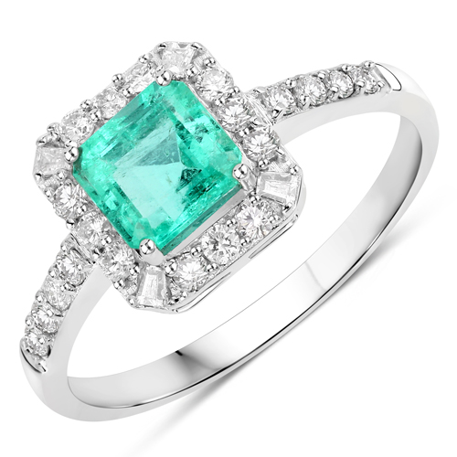 Emerald-1.15 Carat Genuine Colombian Emerald and White Diamond 14K White Gold Ring