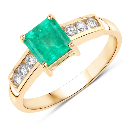 Emerald-1.21 Carat Genuine Colombian Emerald and White Diamond 14K Yellow Gold Ring