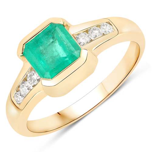 Emerald-1.19 Carat Genuine Colombian Emerald and White Diamond 14K Yellow Gold Ring
