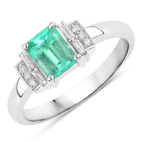 Emerald-0.92 Carat Genuine Colombian Emerald and White Diamond 14K White Gold Ring