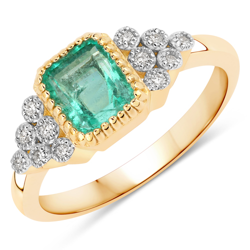 Emerald-1.15 Carat Genuine Colombian Emerald and White Diamond 14K Yellow Gold Ring