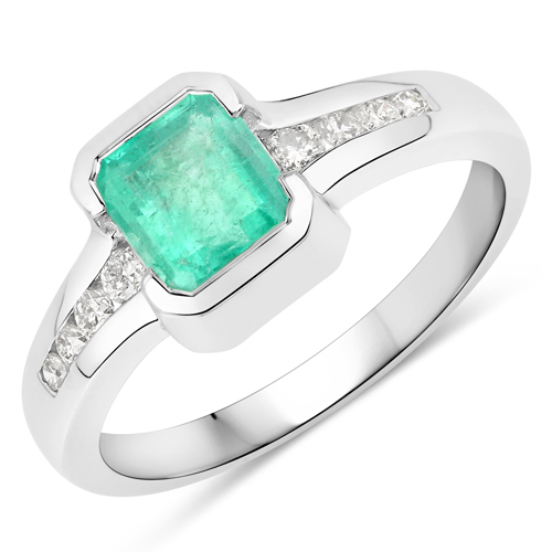 Emerald-1.15 Carat Genuine Columbian Emerald and White Diamond 14K White Gold Ring