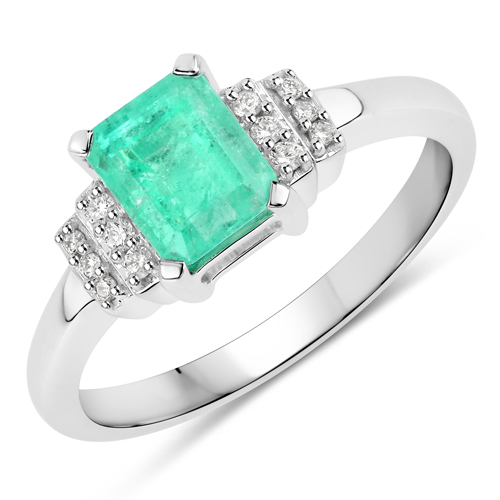 Emerald-1.22 Carat Genuine Colombian Emerald and White Diamond 14K White Gold Ring