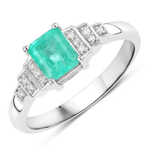 Emerald-0.86 Carat Genuine Columbian Emerald and White Diamond 14K White Gold Ring