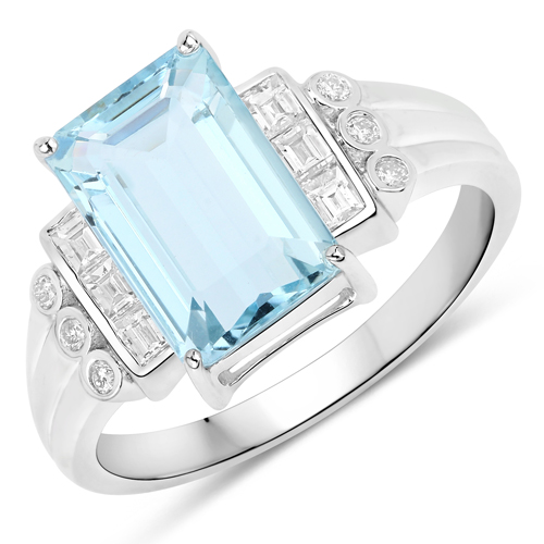 Rings-3.52 Carat Genuine Aquamarine and White Diamond 14K White Gold Ring