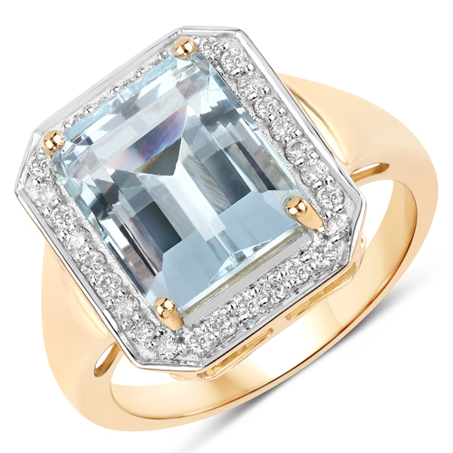 Rings-4.62 Carat Genuine Aquamarine and White Diamond 14K Yellow Gold Ring