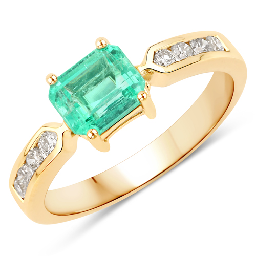 Emerald-1.40 Carat Genuine Columbian Emerald and White Diamond 14K Yellow Gold Ring