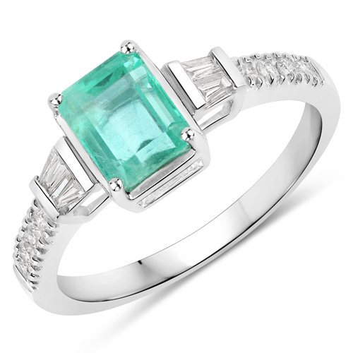 Emerald-1.52 Carat Genuine Columbian Emerald and White Diamond 14K White Gold Ring