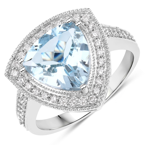 Rings-3.22 Carat Genuine Aquamarine and White Diamond 14K White Gold Ring
