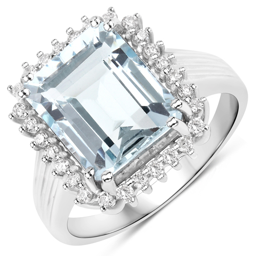 Rings-4.60 Carat Genuine Aquamarine and White Diamond 14K White Gold Ring