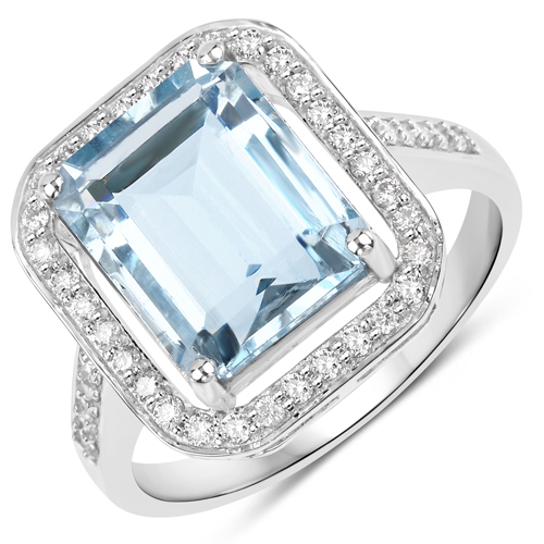 Rings-4.65 Carat Genuine Aquamarine and White Diamond 14K White Gold Ring