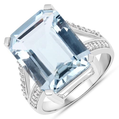 Rings-9.40 Carat Genuine Aquamarine and White Diamond 14K White Gold Ring