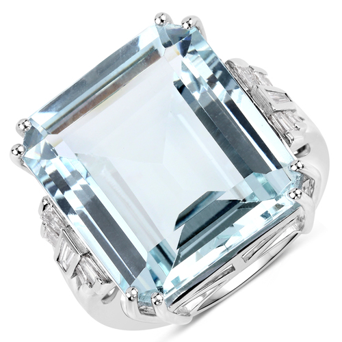 Rings-16.02 Carat Genuine Aquamarine and White Diamond 14K White Gold Ring