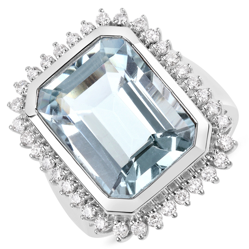 Rings-10.30 Carat Genuine Aquamarine and White Diamond 14K White Gold Ring