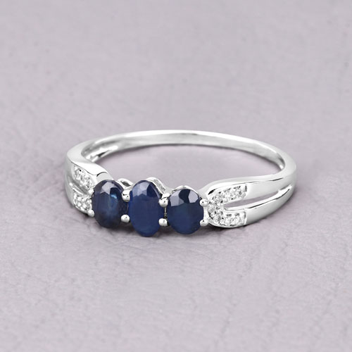 0.73 Carat Genuine Blue Sapphire and White Diamond 14K White Gold Ring