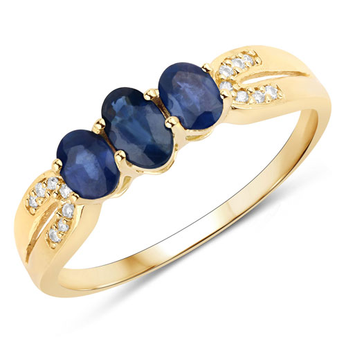 Sapphire-0.73 Carat Genuine Blue Sapphire and White Diamond 14K Yellow Gold Ring