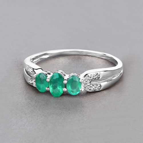 0.53 Carat Genuine Zambian Emerald and White Diamond 14K White Gold Ring