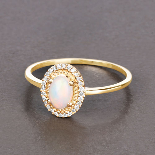 0.35 Carat Genuine Ethiopian Opal and White Diamond 14K Yellow Gold Ring