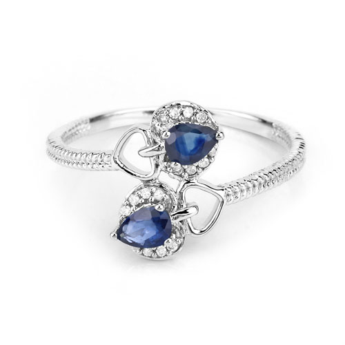 0.34 Carat Genuine Blue Sapphire and White Diamond 14K White Gold Ring