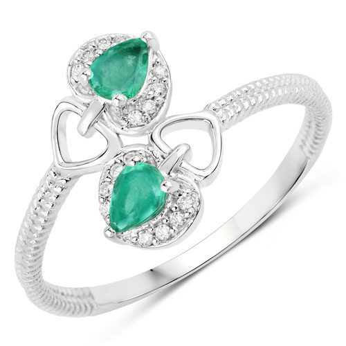 Emerald-0.32 Carat Genuine Zambian Emerald and White Diamond 14K White Gold Ring