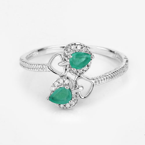 0.32 Carat Genuine Zambian Emerald and White Diamond 14K White Gold Ring