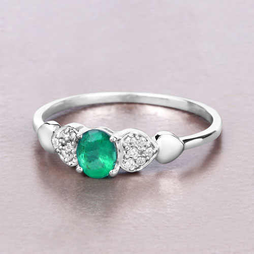 0.36 Carat Genuine Zambian Emerald and White Diamond 14K White Gold Ring