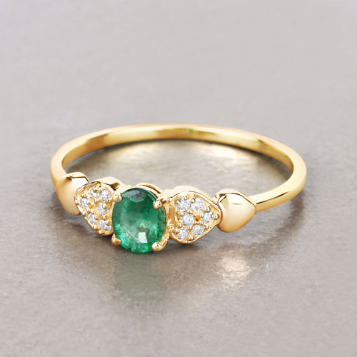 0.36 Carat Genuine Zambian Emerald and White Diamond 14K Yellow Gold Ring