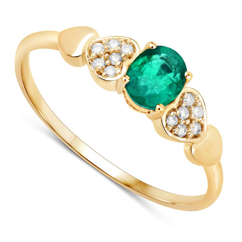 0.36 Carat Genuine Zambian Emerald and White Diamond 14K Yellow Gold Ring