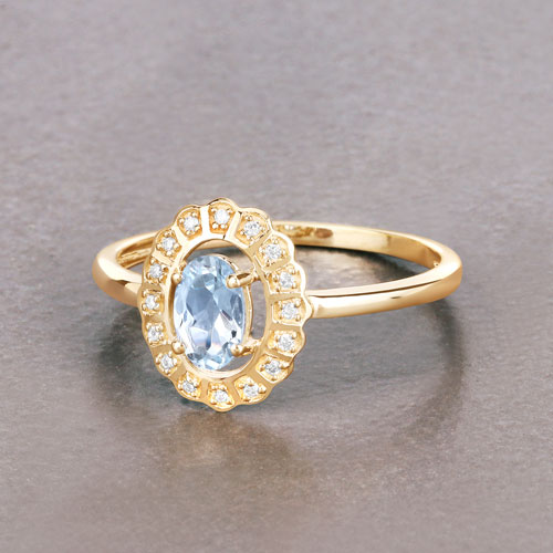 0.44 Carat Genuine Aquamarine and White Diamond 14K Yellow Gold Ring