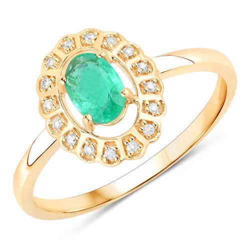 Emerald-0.48 Carat Genuine Zambian Emerald and White Diamond 14K Yellow Gold Ring